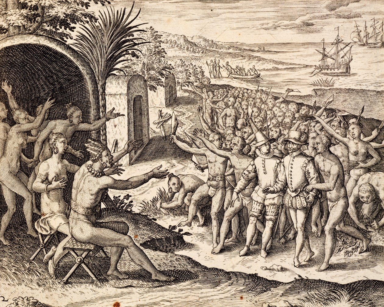 Välkomnande holländare, gravyr från verk India orientalis, av Theodor de Bry (1528-1598), Indonesien av Theodore de Bry