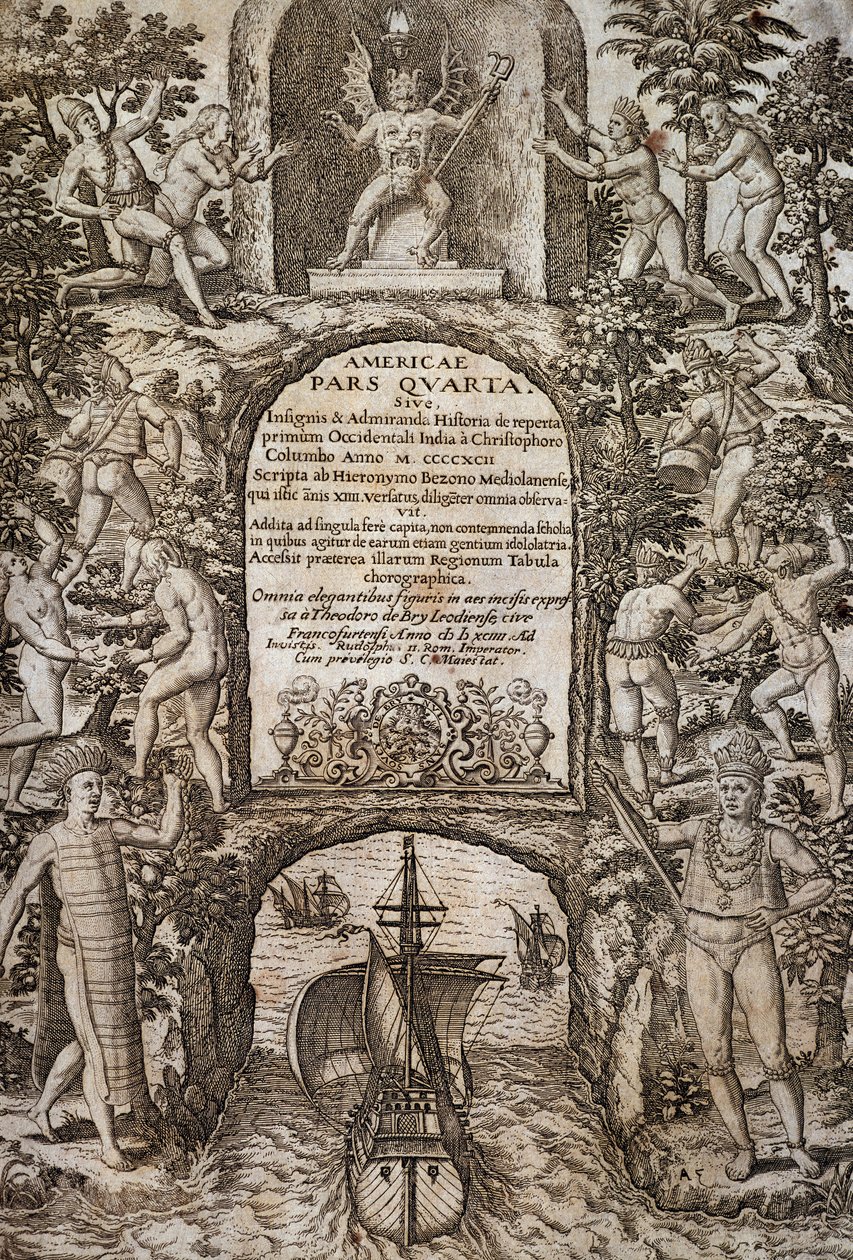 Västindien eller Amerika, av Theodor de Bry (1528-1598), frontispice, gravyr av Theodore de Bry