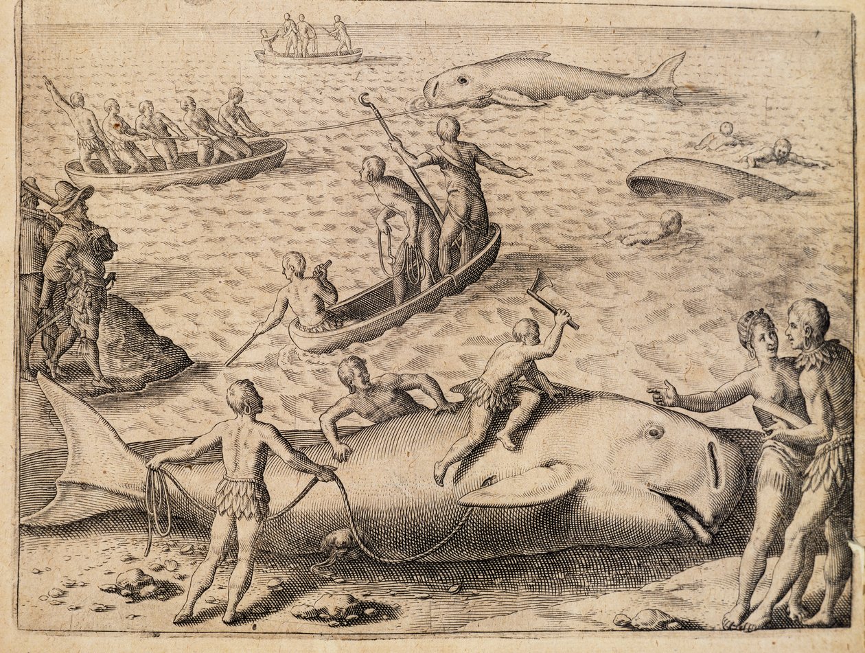 Valfångst nära Spetsbergen, gravyr av Theodor de Bry (1528-1598) från India Orientalis (Östra Indien) av Theodore de Bry