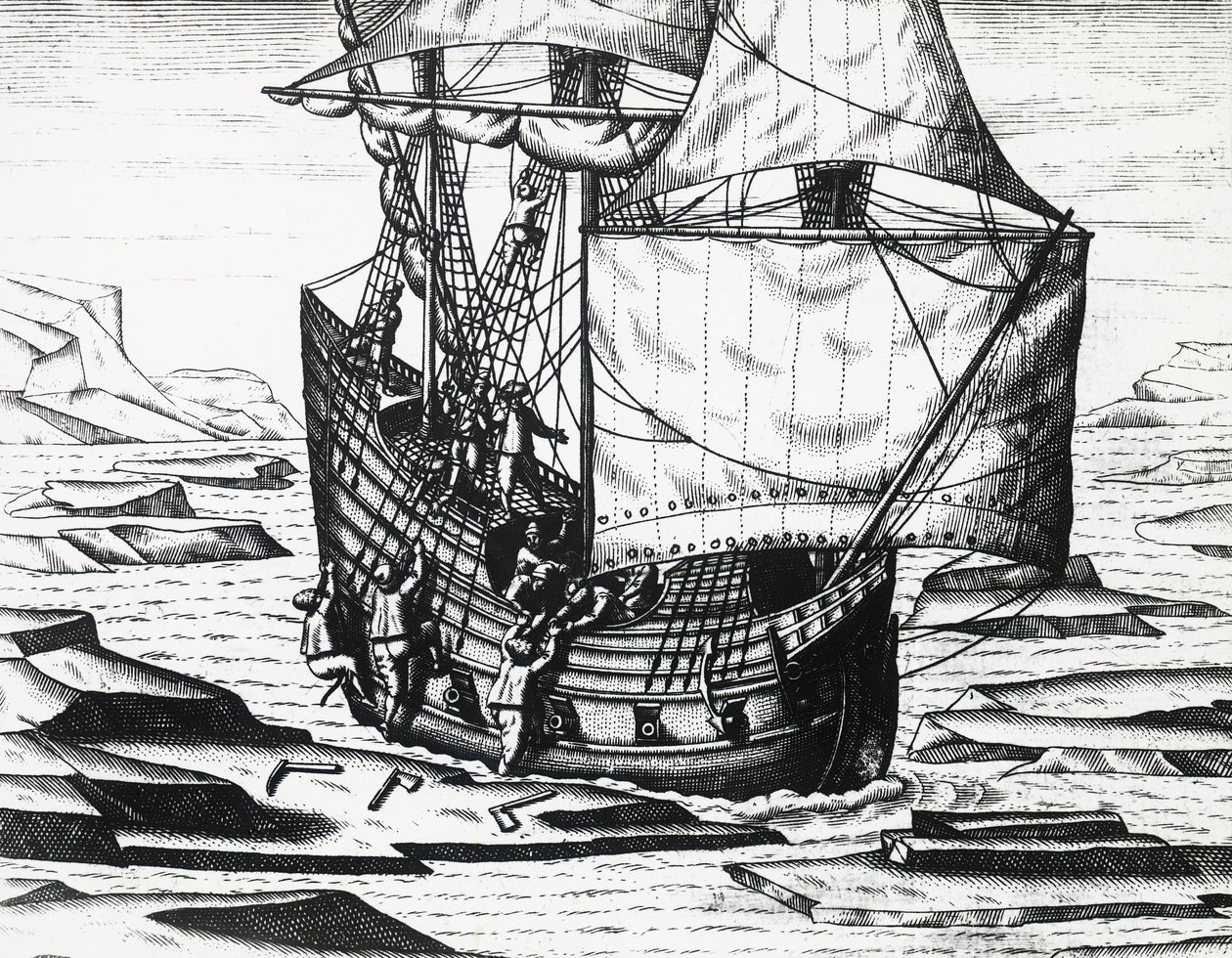 William Barents (ca 1550-1597) skepp under tredje holländska expeditionen på jakt efter nordostpassagen, av Theodor de Bry (1528-1598), gravyr av Theodore de Bry