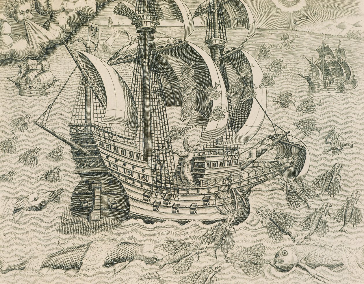 Bevingad fisk från Indiens hav, Illustration från amerikansk historia av Theodore de Bry av Theodore de Bry