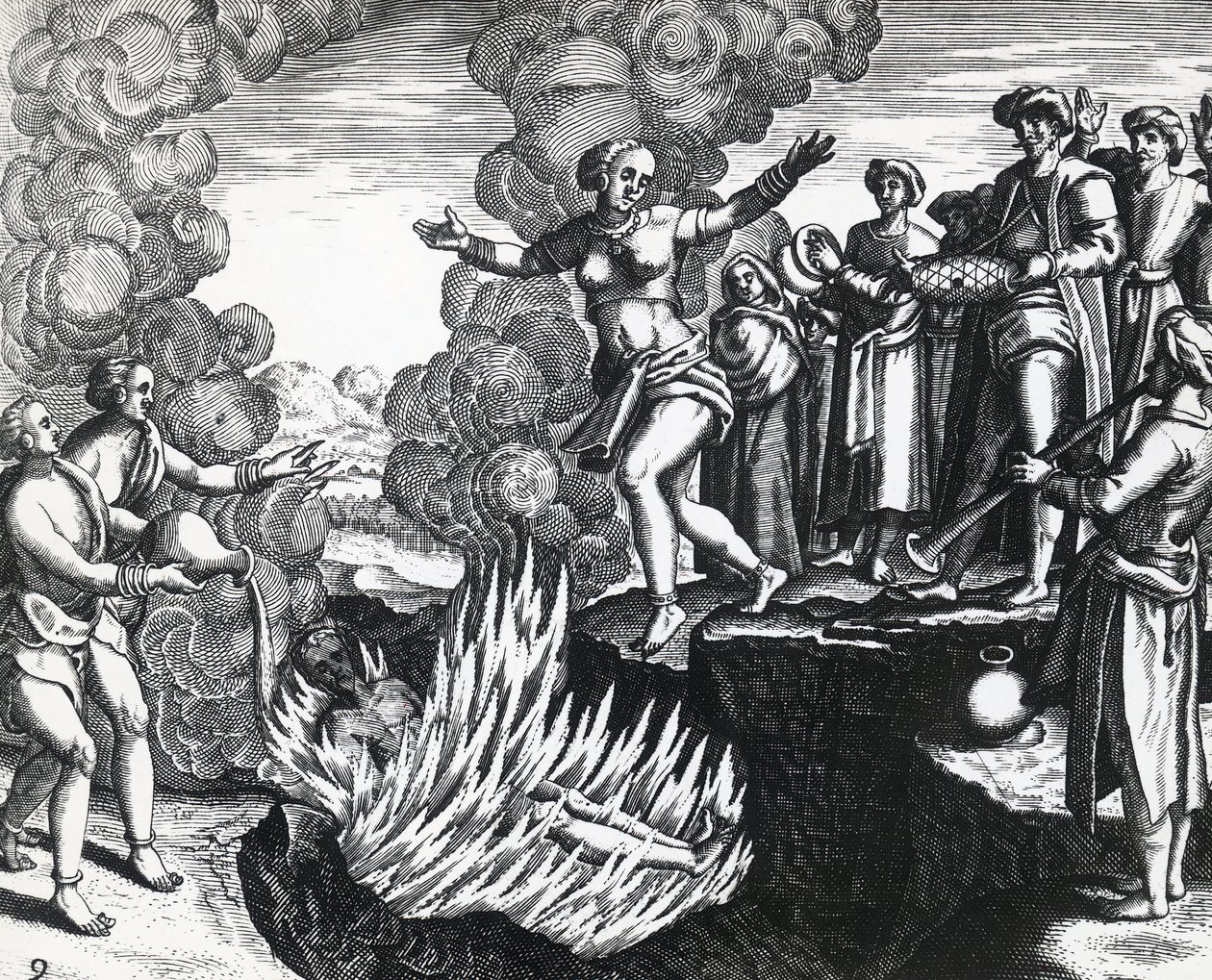 Kvinna som kastar sig på makens bål, av Theodor de Bry (1528-1598), gravyr av Theodore de Bry