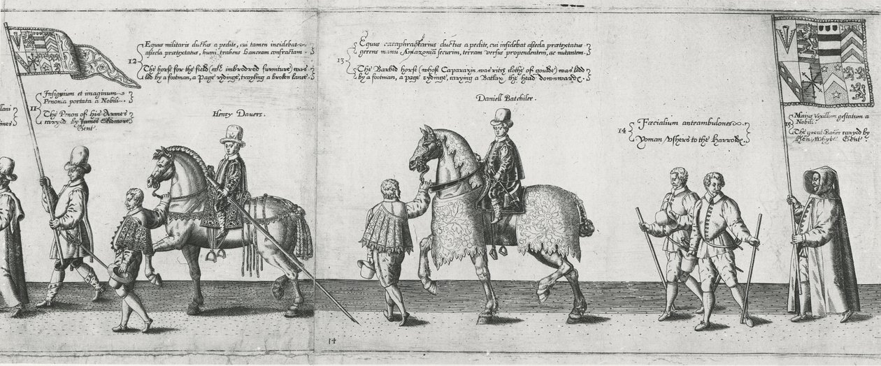 Yeomen inleder Sir Philip Sidneys begravningskort på väg till St. Pauls Cathedral, 1587 av Theodore de Bry