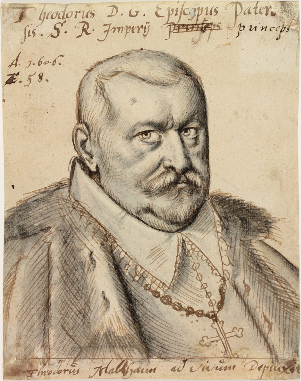 Theodore de Fürstenberg, biskop av Paderborn, 1606 (penna och bläck och tvätt på papper) av Theodorus Malthann