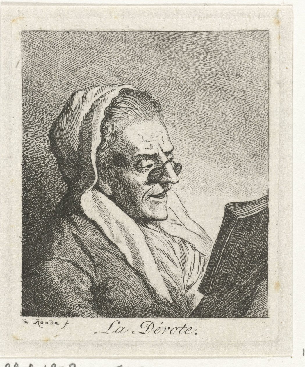 Läser gammal kvinna med pince-nez La Dévote (titel på objekt) av Theodorus de Roode