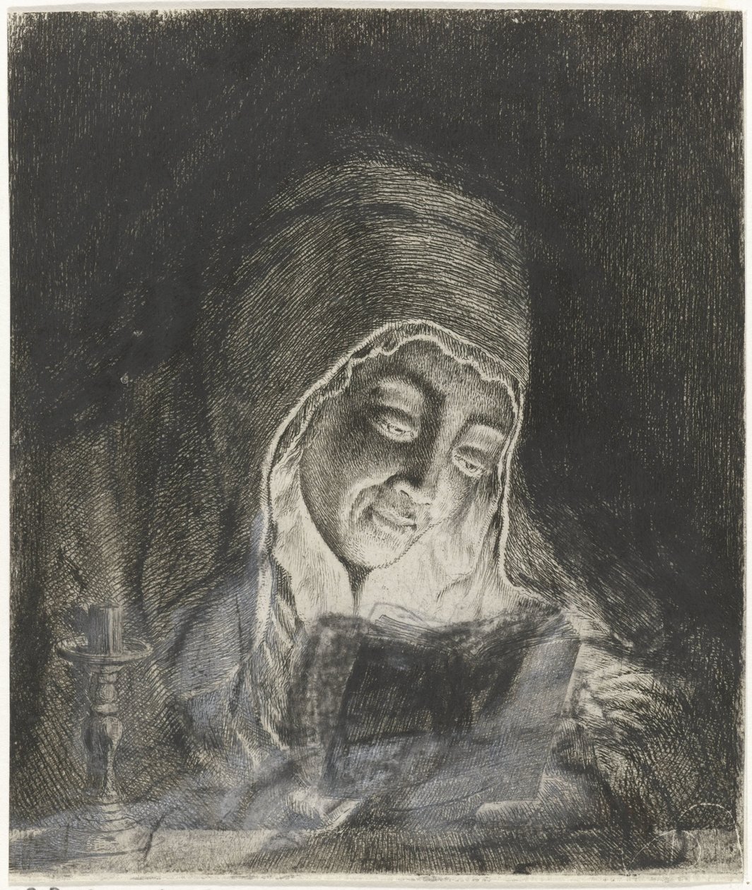 Kvinna som läser vid levande ljus av Theodorus de Roode