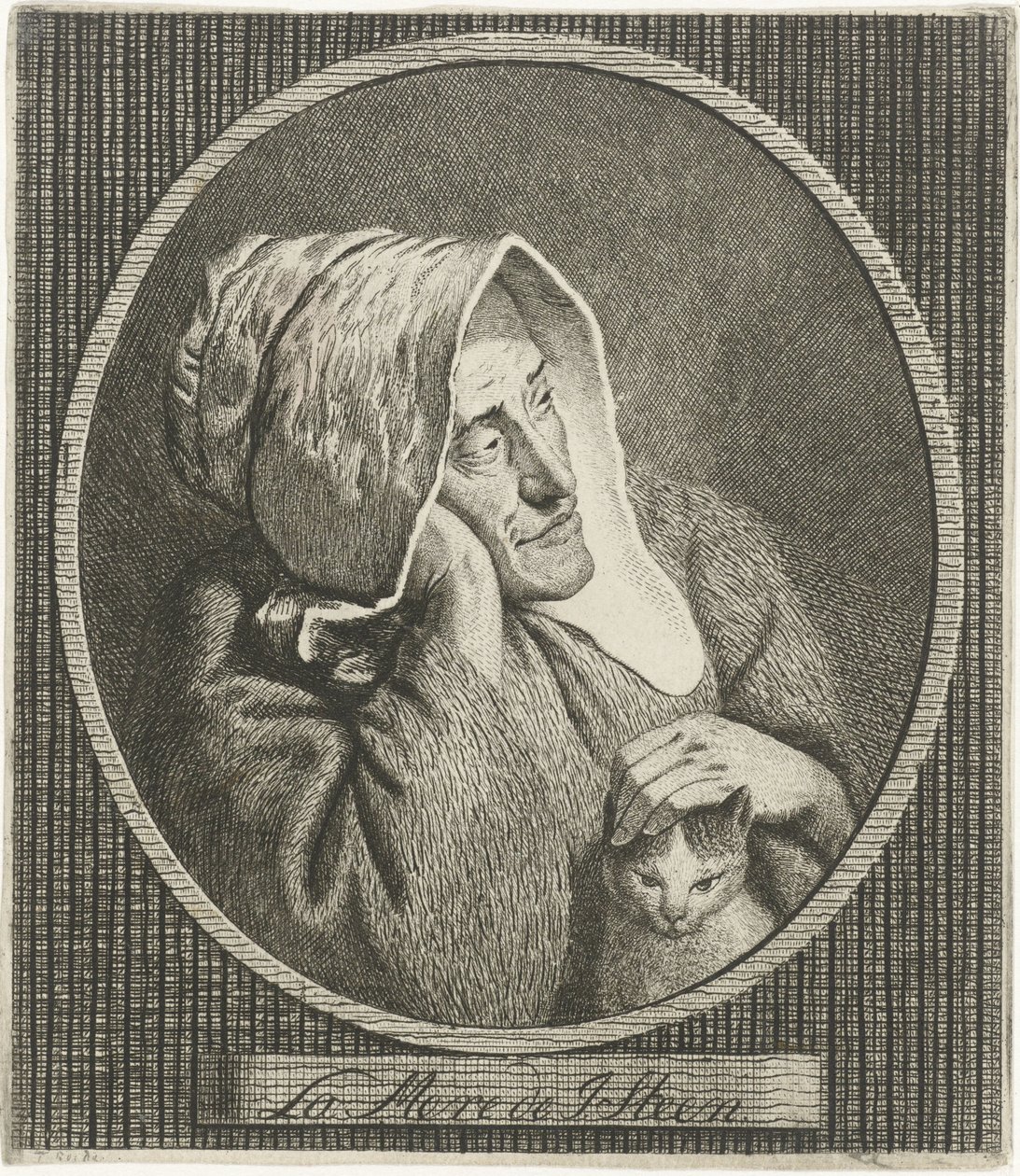 Gammal kvinna med katt La Mere de J. Steen (titel på objekt) av Theodorus de Roode