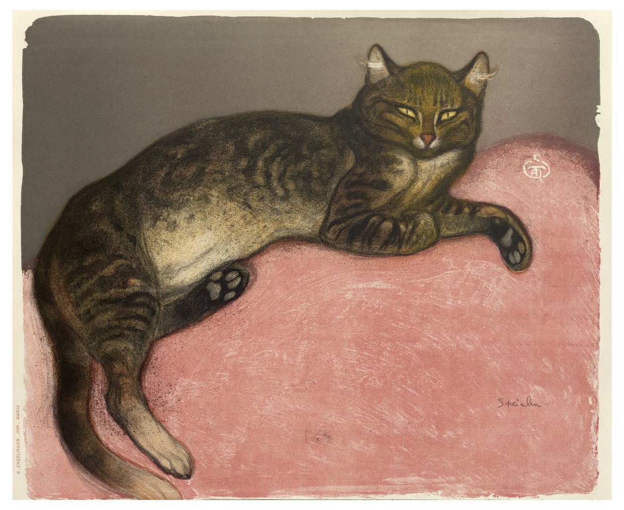 Winter, Cat on a Cushion, 1909 (färg litho på krämvävt papper) av Théophile Alexandre Steinlen