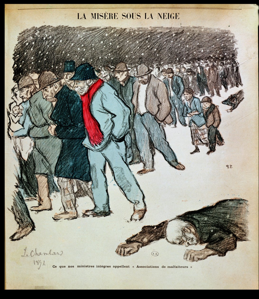 Arbetarnas och de arbetslösas elände i snön, illustration från "Le Chambard Socialiste" 1894 av Théophile Alexandre Steinlen