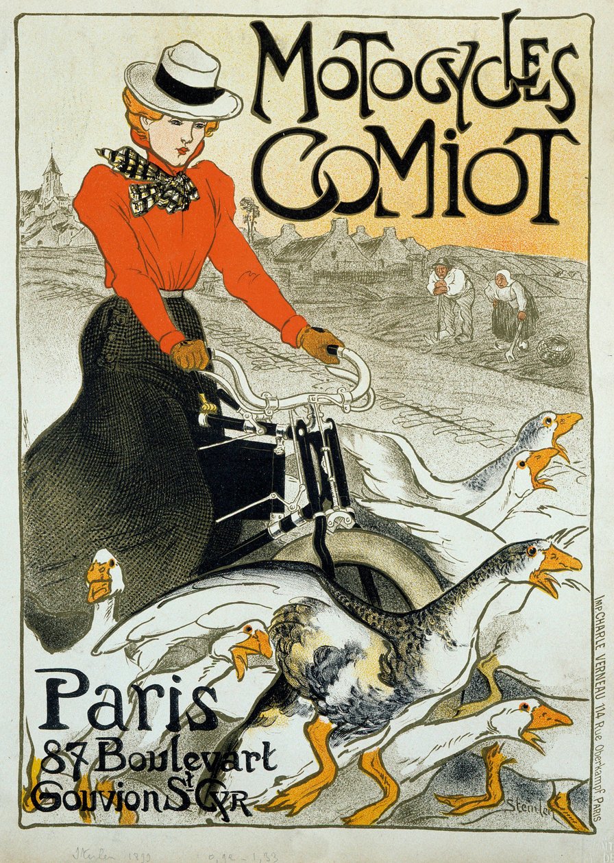 Reklamaffisch för Comiot motorcyklar. En ung kvinna på moped rullar bland en grupp gäss. Affisch av Theophile Alexandre Steinlen (1859-1923). 1899. Paris, dekorativ konst. av Théophile Alexandre Steinlen