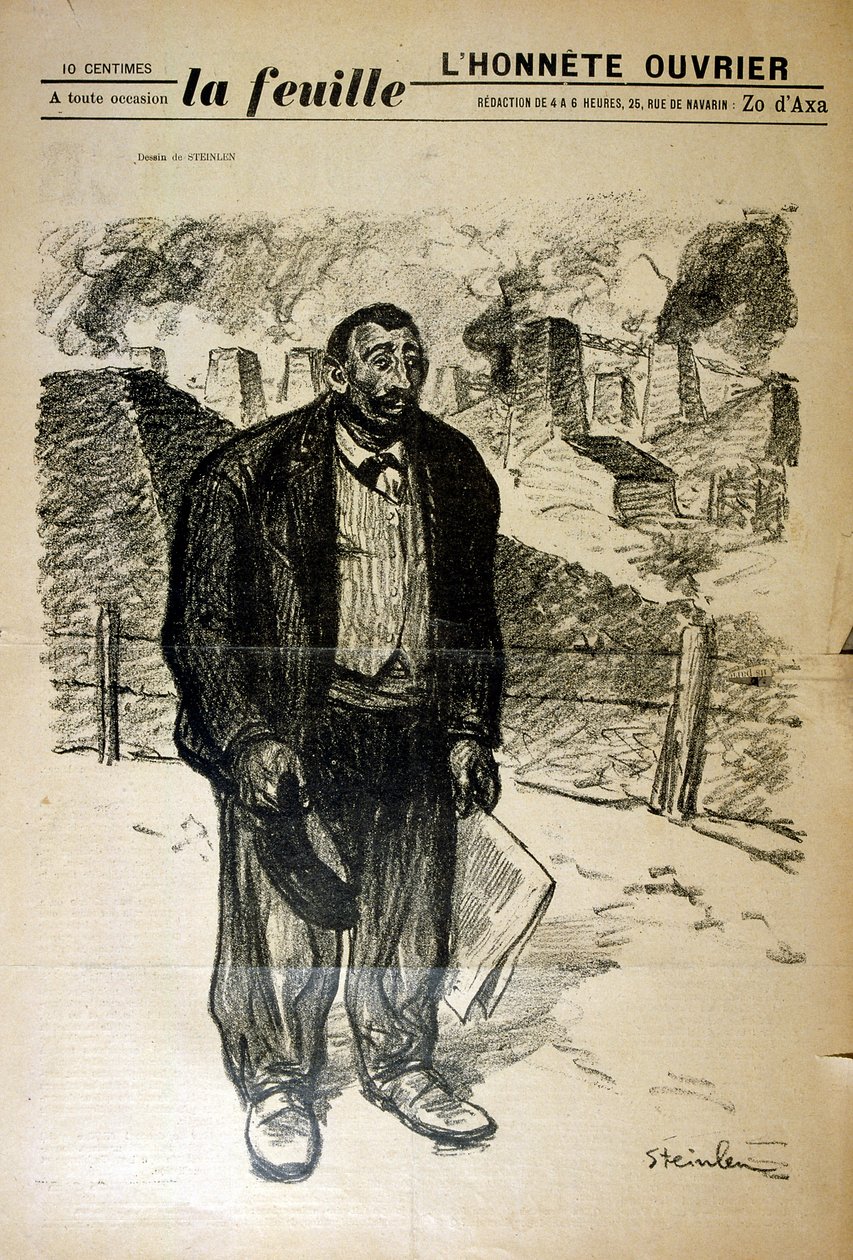 Teckning av en fattig fabriksarbetare mot ett industrilandskap, av Alexandre Steinlen (1859-1923), en schweizisk född fransk jugendmålare och grafiker av Théophile Alexandre Steinlen