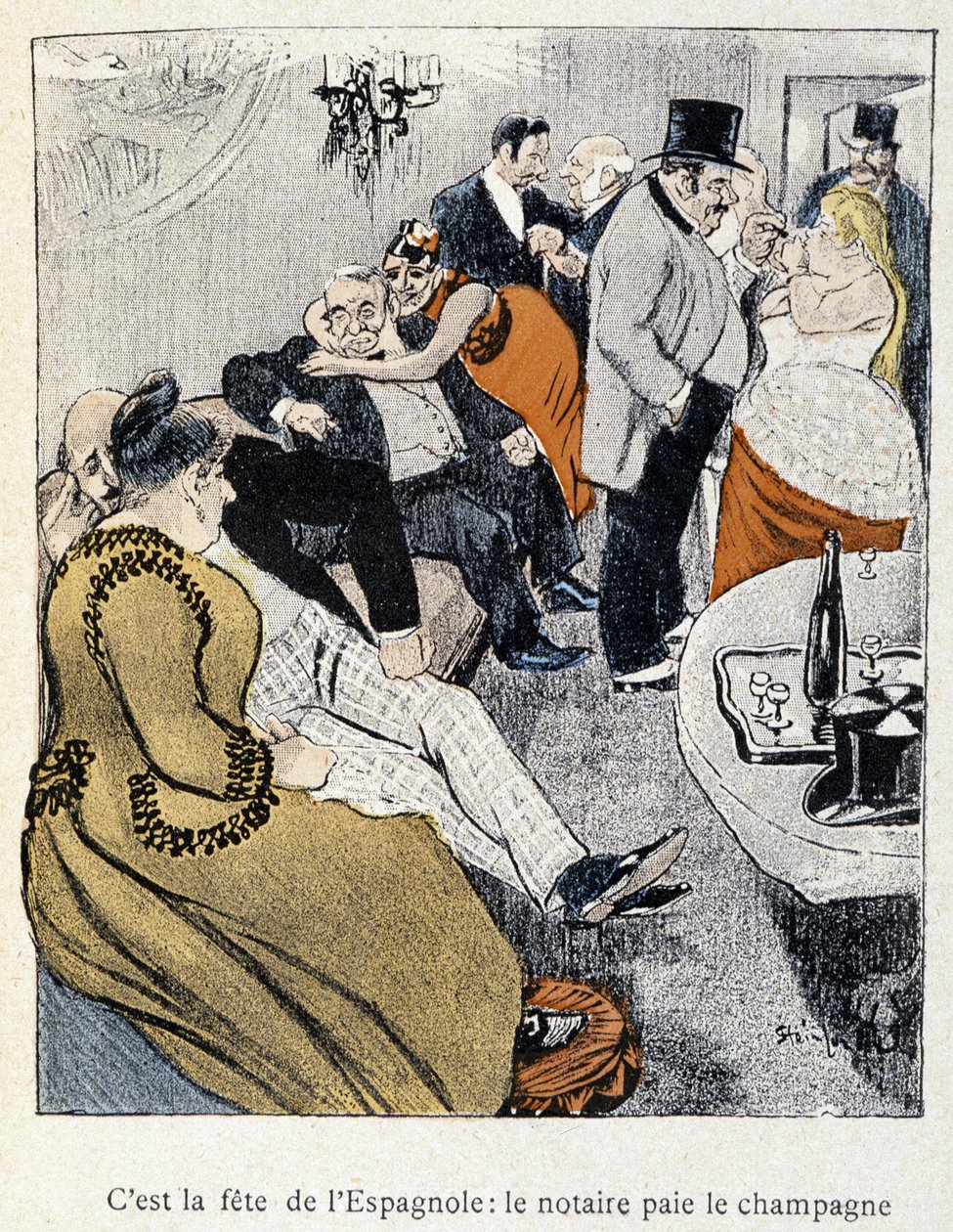 Filles et Marlous: Det är spanjorernas fest: notarien betalar champagnen - i "Dans la vie", av Steinlen 1901 (samma ritning som nr 27695) av Théophile Alexandre Steinlen