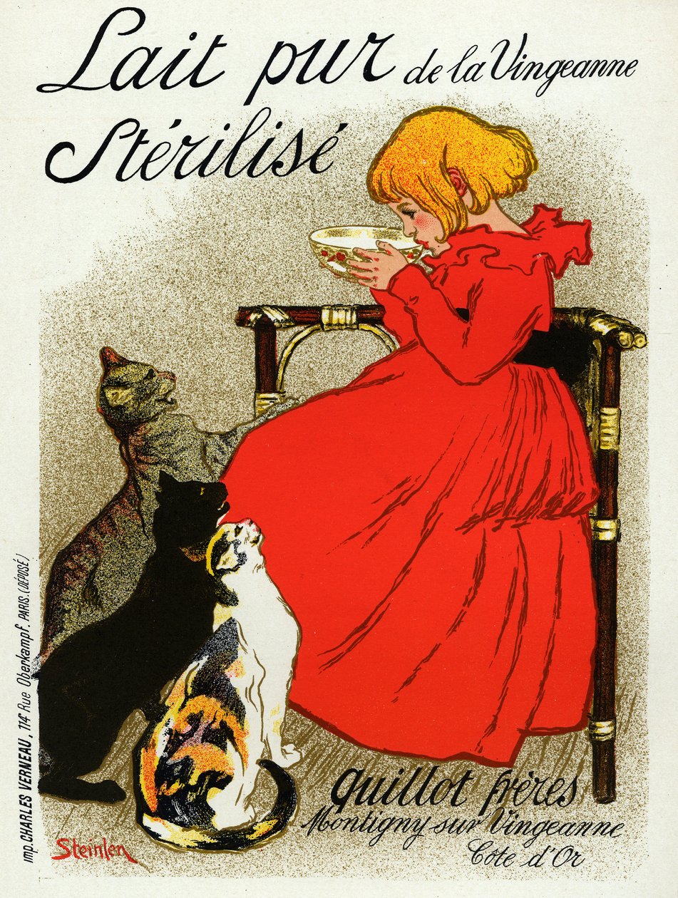Mat och dryck. Vingeanne mjölk. Liten flicka med katter. Affisch av Steinlen, Frankrike, ca 1890 (affisch) av Théophile Alexandre Steinlen