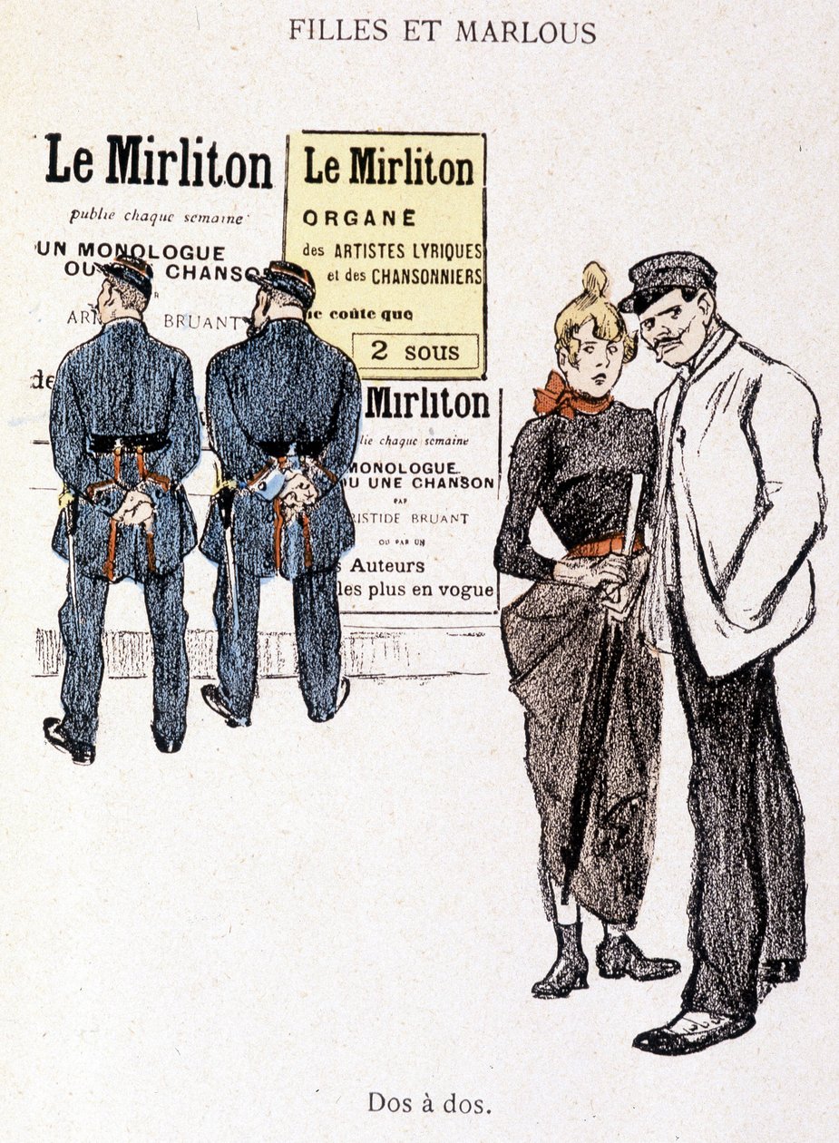 Tjej och Marlou: en hallick och en prostituerad bakom två poliser. I "" In Life"" av Steinlen av Théophile Alexandre Steinlen