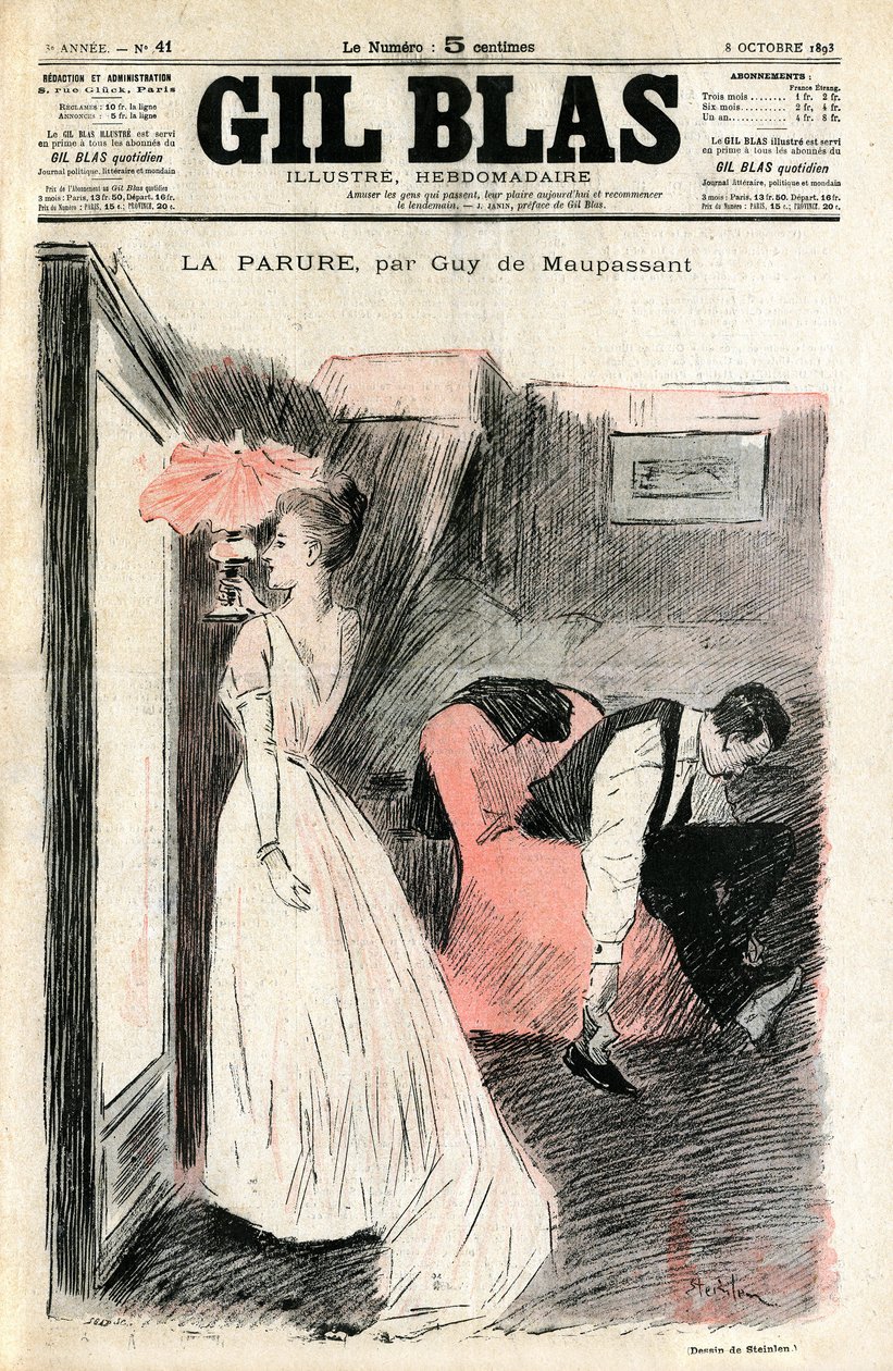 Illustration av Steinlen av Guy de Maupassants novell "" The Parure"". Madame Loisel tittar på sig själv i spegeln medan hennes man tar av sig skorna. Hon upptäcker att hon tappade halsbandet (diamantfloden) som hennes vän Madame Fores lånade henne till he av Théophile Alexandre Steinlen