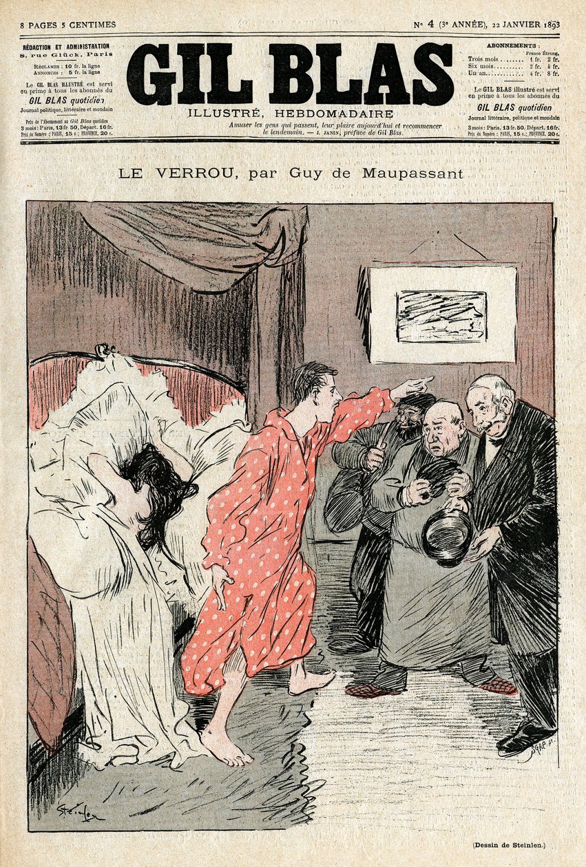 Illustration av Steinlen av Guy de Maupassants novell "" Låset""". Olagligt par fångade i full kärlek ebats - Adultere, överraskning. Omslag till Gil Blas nr 4, 22 januari av Théophile Alexandre Steinlen