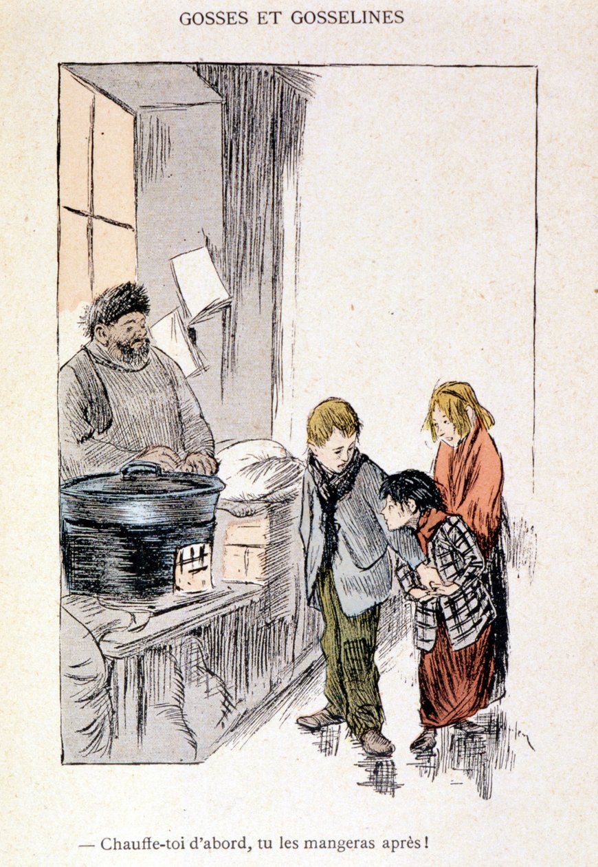 Barn och gosseliner: Värm dig först, du äter dem efteråt! i ""In Life"", av Steinlen 1901 av Théophile Alexandre Steinlen