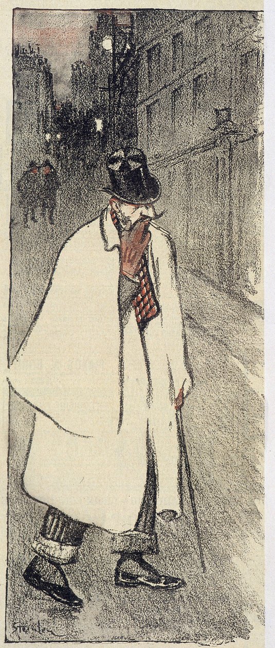 Man på toppen och kappa som går på gatan - i "" Gil Blas"" från november 1894 av Théophile Alexandre Steinlen