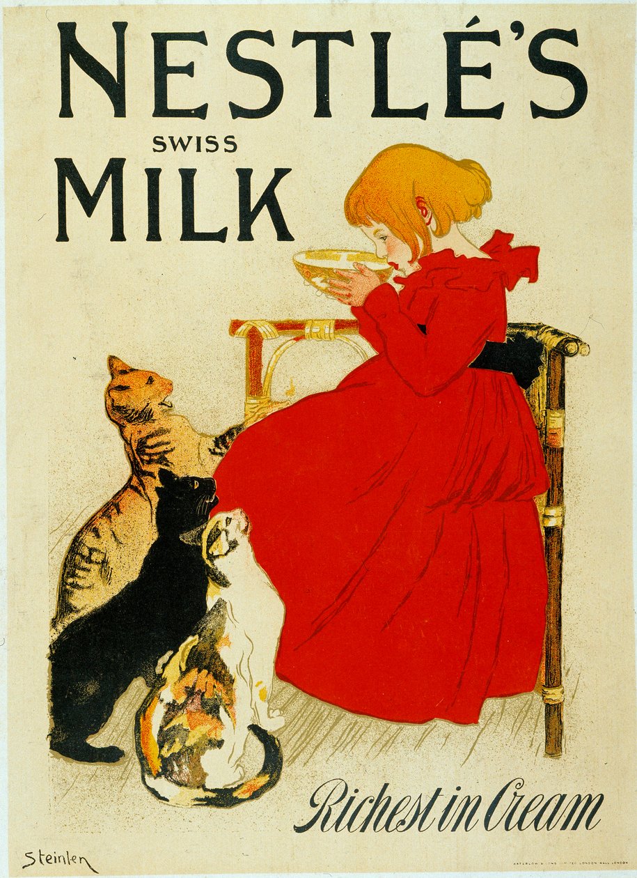 Nestles reklam: "" Nestles schweiziska mjölk"". En tjej dricker en skål med mjölk framför avundsjuka katter. Affisch av Theophile Alexandre Steinlen (1859 - 1923), 1900-talet. Paris, Dekorativ konst. av Théophile Alexandre Steinlen