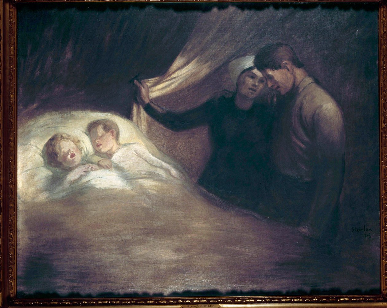 Fattiga människor Ett par föräldrar med blygsamma förhållanden viskar och tittar på sina barn som sover. Målning av Theophile Alexandre Steinlen (1859-1923). 1903 Paris, hus Victor Hugo av Théophile Alexandre Steinlen