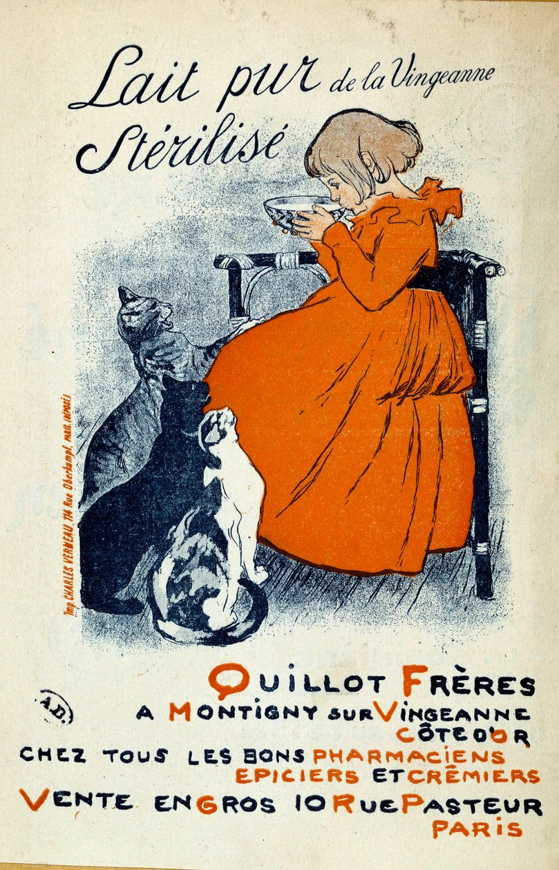 Affisch av Theophile-Alexandre Steinlen (1859-1923) för "Lait pure de la Vingeanne sterilisera: Quillot Freres a Montigny sur Vingeanne - Cote d
