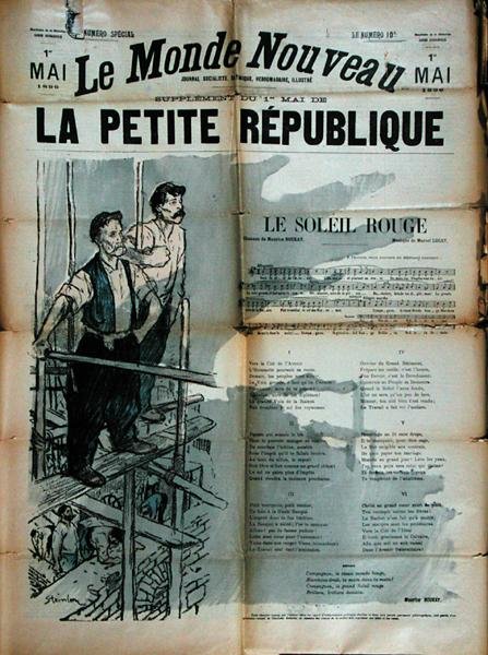 Två byggarbetare som sjunger "Le Soleil Rouge", framsidan av "La Petite Republique" av Théophile Alexandre Steinlen