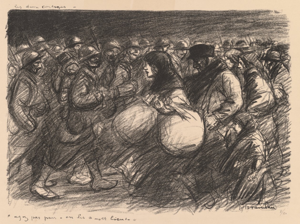 Krigsskisser: De två processionerna (Sketches de guerre: Les deux cortèges - "Ayez pas peur - on les a - et bien!") av Théophile Alexandre Steinlen