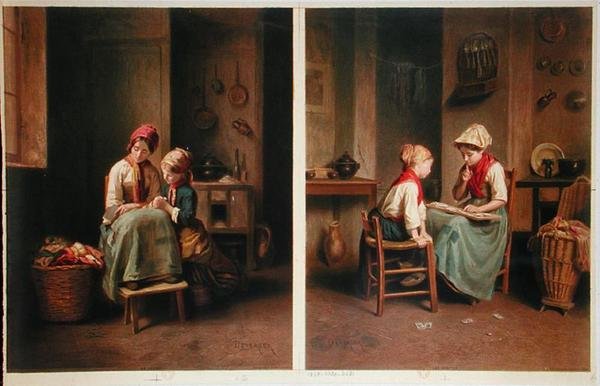 The Lesson and The Card Game, tryckt 1858 (färglitografi) av Theophile Emmanuel (after) Duverger