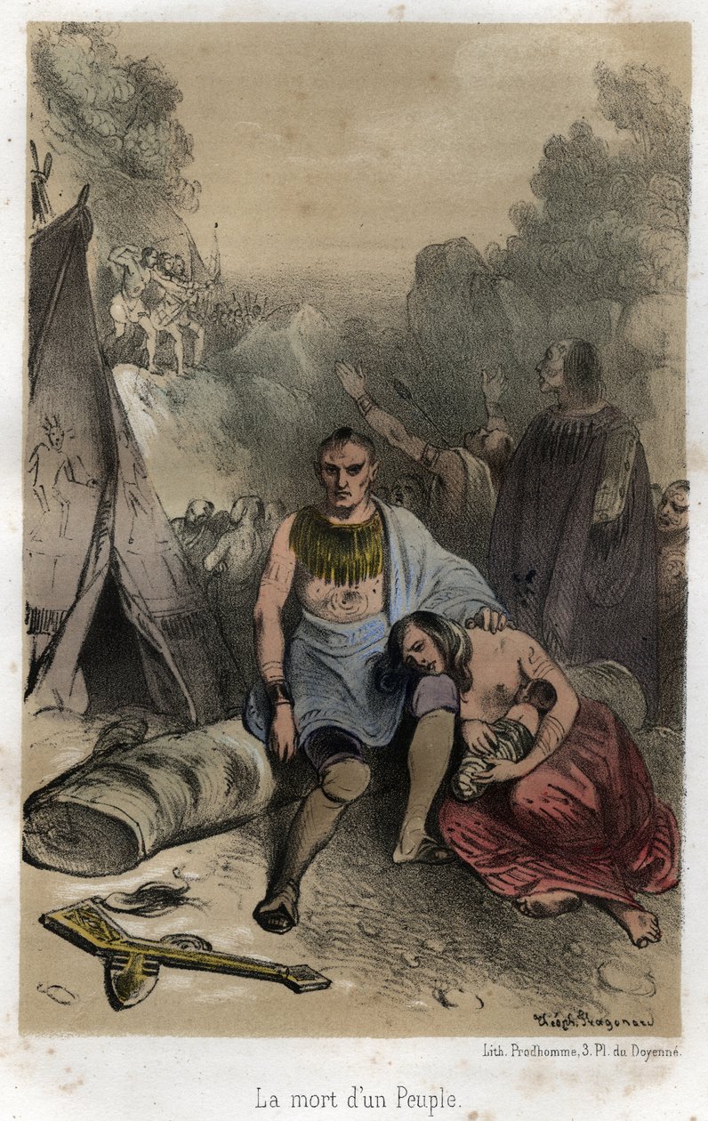 Huronmassakrerna av Iroquois i Kanada 1763 (Parisfördraget). Gravyr från 1845 i "" Jesviternas dramatiska och pittoreska historia från ordningens grund till våra dagar"" av Adolphe Boucher, teckning av Theophile Fragonar av Theophile Evariste Fragonard