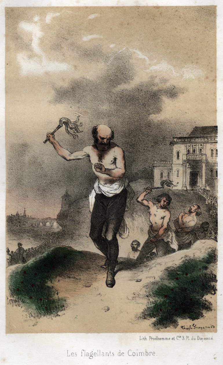 Coimbres flagellanter: jesviterna i Coimbra i Portugal gör bot för sin synd offentligt genom att piska runt 1560. Gravyr från 1845 i "" Jesviternas dramatiska och pittoreska historia från ordens grundande till våra dagar av Theophile Evariste Fragonard