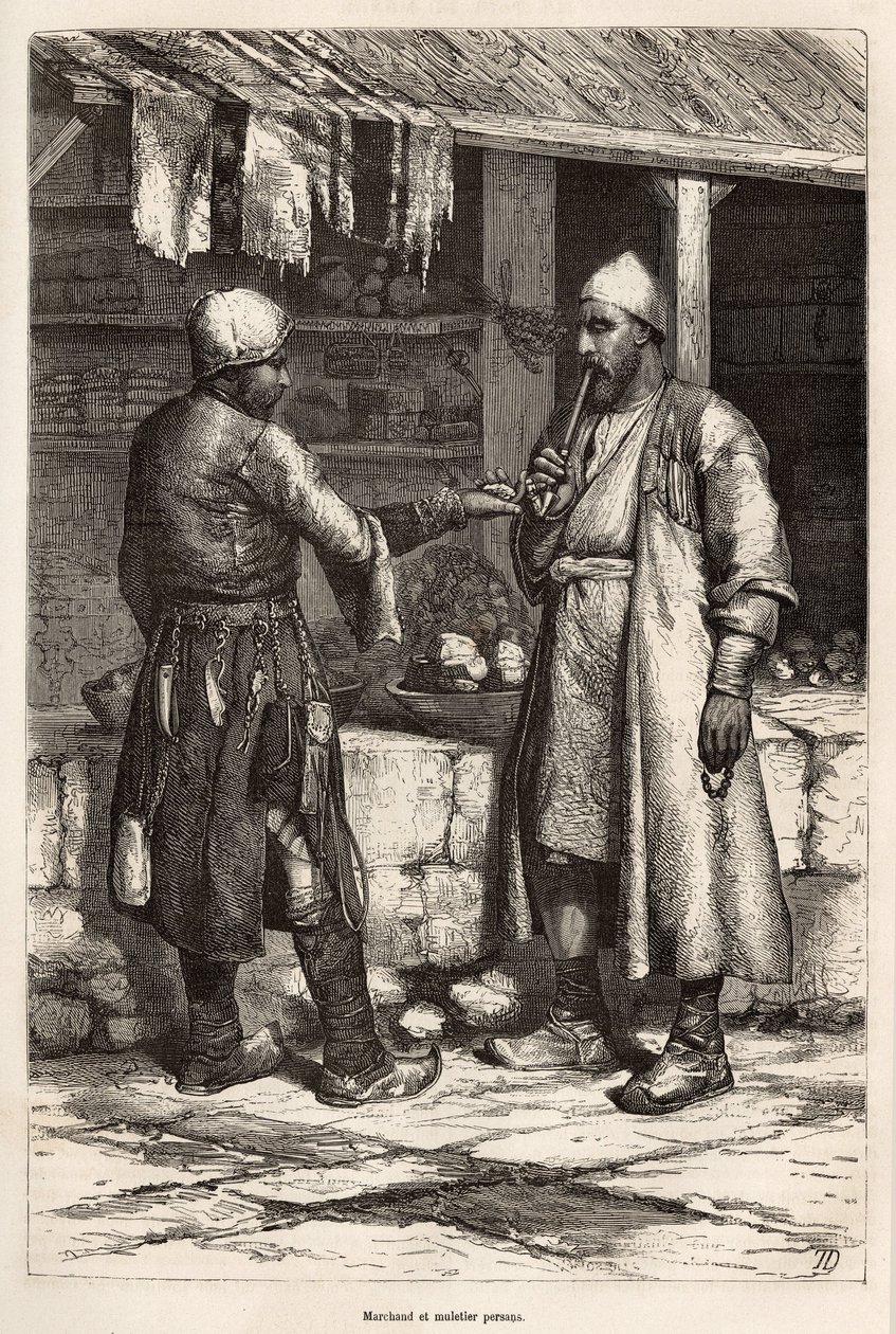 En persisk köpman och mulmakare i en by i Armenien, gravyr efter en teckning av författaren, illustrerande resan i Lazistan och Armenien, av Theophile Deyrolles, 1869, publicerad i "" Le tour du monde"" 1875, redigerad av Edouard Charton, Hache av Theophile Louis Deyrolle