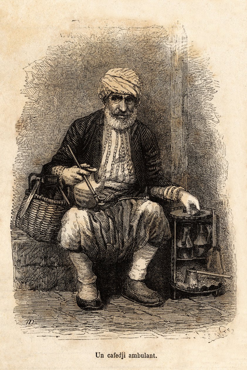 En kaféförsäljare (cafedji) som reser, i basaren i Trebizonde (nuvarande Trabzon, vid Svarta havets kust), graverar efter en teckning av berättaren, som illustrerar en resa till Lazistan och Armenien, 1869, av Theophile Deyrolle, publicerad i "" Le to av Theophile Louis Deyrolle