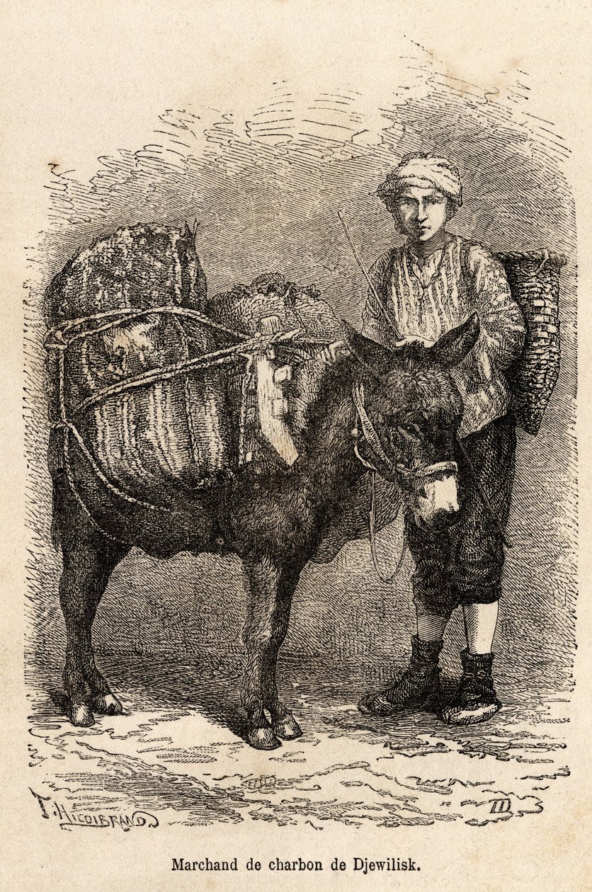 En kolhandlare, med sin åsna, i Djewilisk (Norra Anatolien), graverad efter en teckning av berättaren, som illustrerar en resa i Lazistan och Armenien, 1869, av Theophile Deyrolle, publicerad i "" Le tour du monde"" 1875, redigerad av Edouard Charton av Theophile Louis Deyrolle