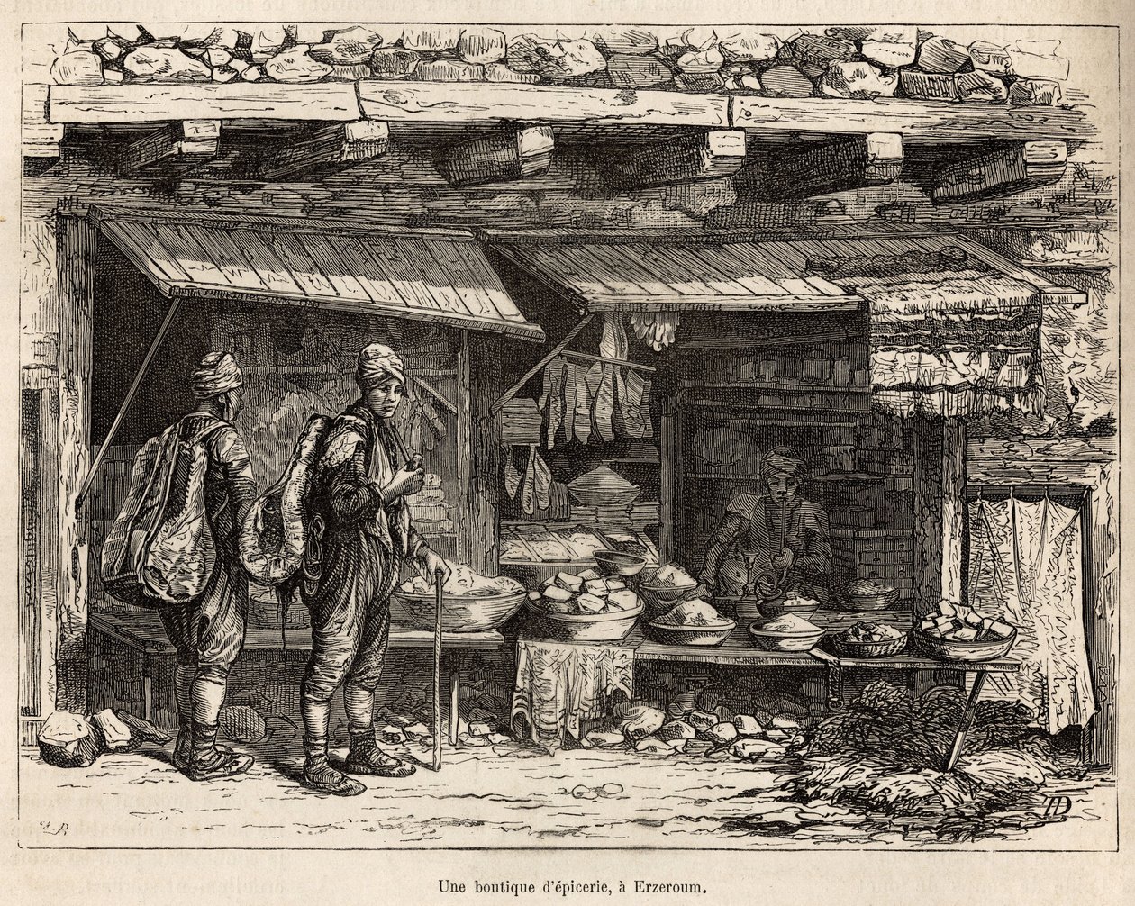 En livsmedelsbutik i Erzeroum (Armenien), graverad efter en teckning av författaren, som illustrerar resan i Lazistan och Armenien, av Theophile Deyrolles, 1869, publicerad i "" Le tour du monde""" 1875, redigerad av Edouard Charton, Hachette-upplagan, Par av Theophile Louis Deyrolle