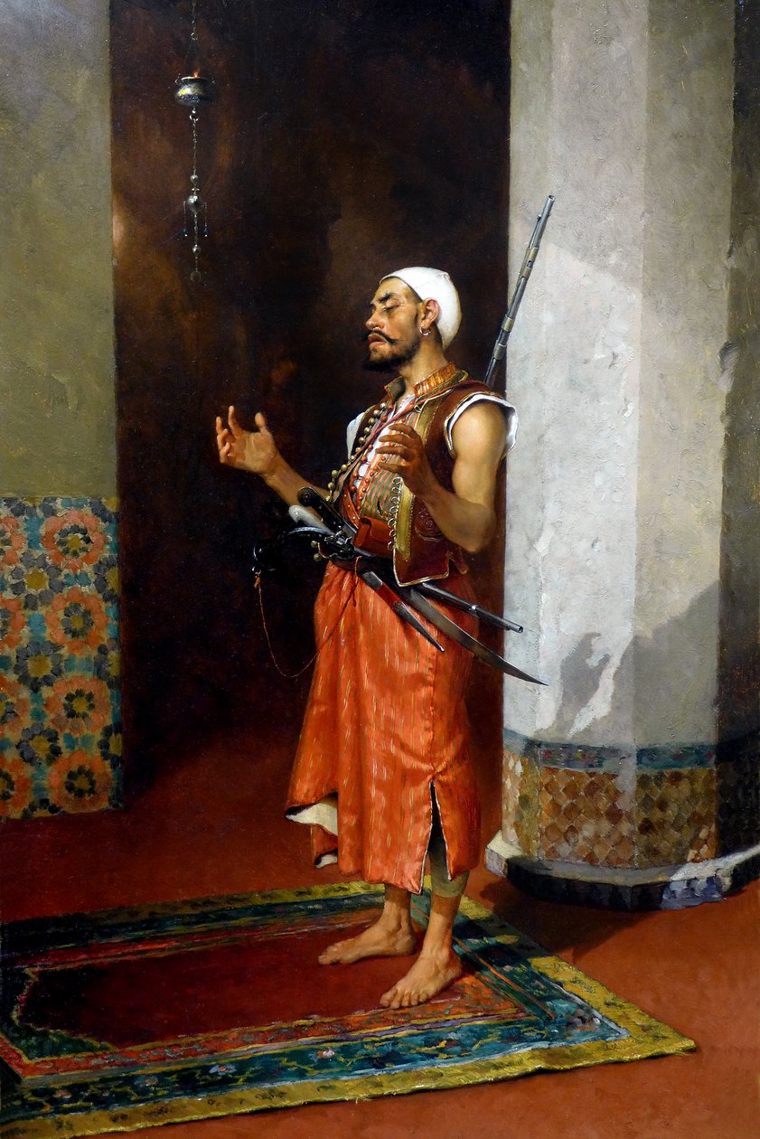 Turkisk vakt ber, sent 1800-tidigt 1900-tal (olja på duk) av Theophile Marie Francois Lybaert
