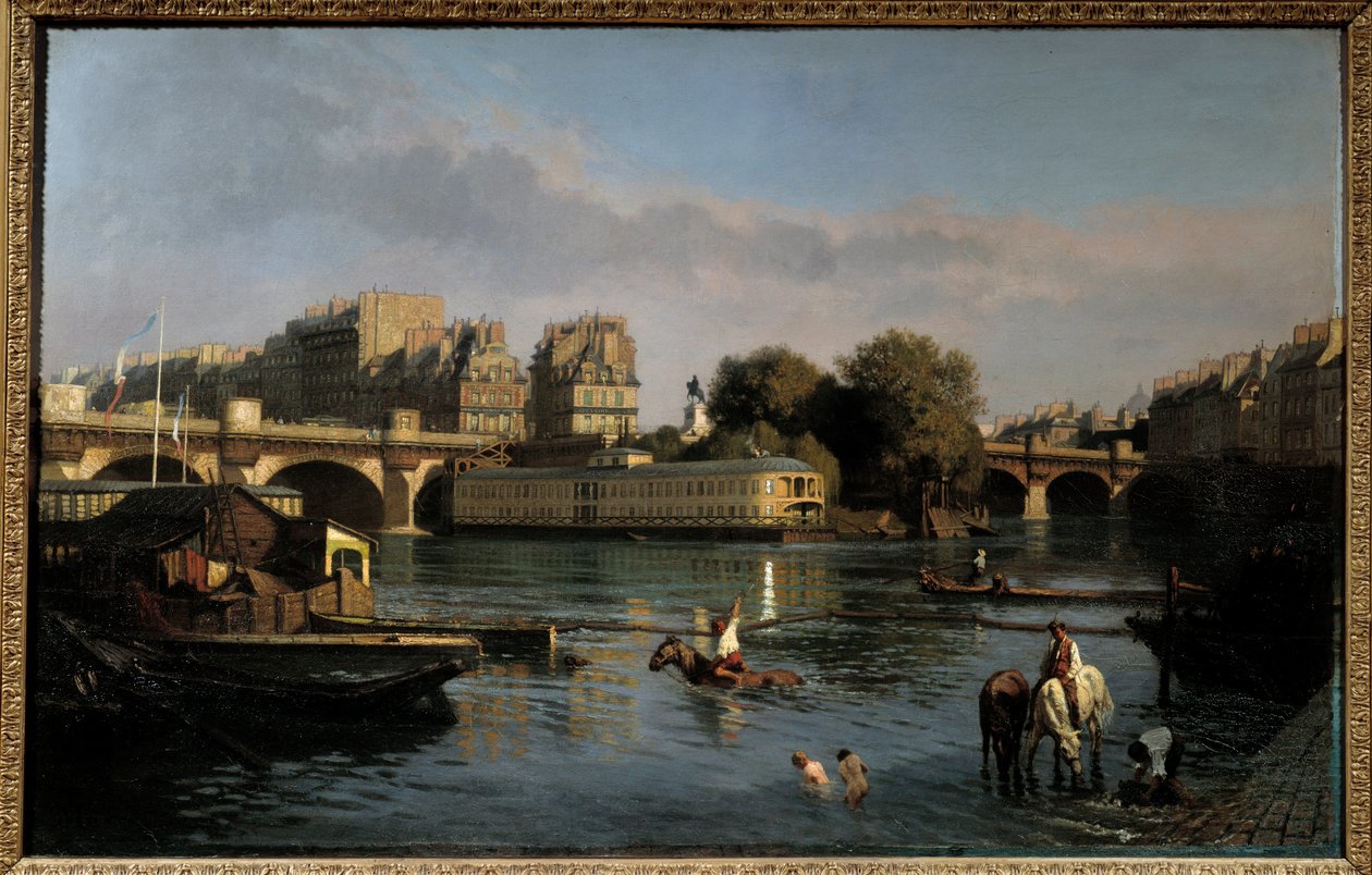 Den nya bron och spetsen av Ile de la Cite. Utsikt över Paris. Målning av Theophile Meunier (1800-1884) av Théophile Meunier