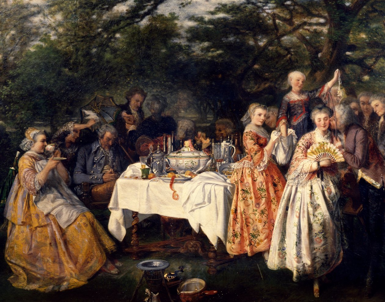 Picknick på landsbygden, i värdshusets trädgård i utkanten av Strasbourg av Theophile Schuler (1821-1878), cirka 1750 av Theophile Schuler