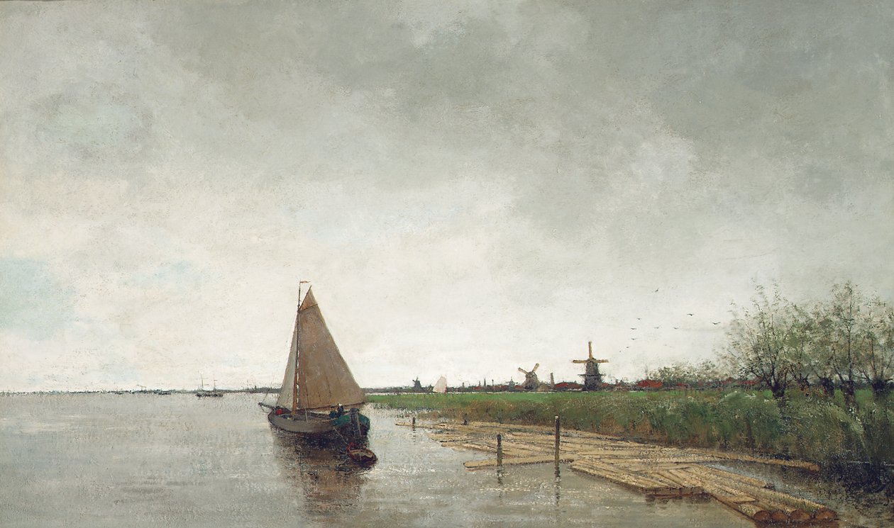 Ett flodlandskap med kärl, en stad bortom (olja på duk) av Theophile de Bock