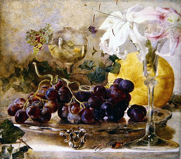 Blommor och frukt (olja på panel) av Theude Groenland