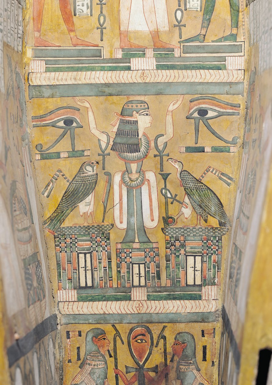 Interiör av Imenemipets kista föreställande wedjatögat och en kvinna med upphöjda armar, 21:a-22:a dynastin (målat trä) av Third Intermediate Period Egyptian
