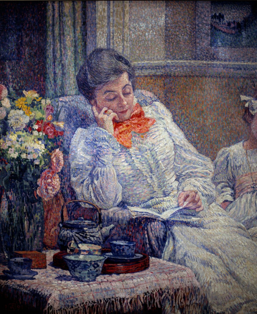 Belle epoque: "" Woman Reading"" Målning av Theodore Van Rysselberghe (1862-1926) 1899 Bryssel, Royal Museum of Fine Arts av Théo van Rysselberghe