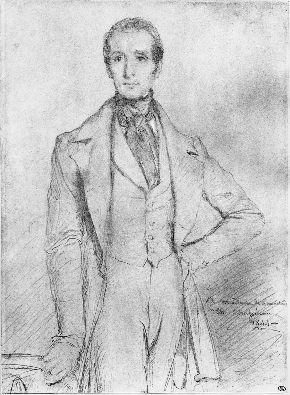 Porträtt av Alphonse de Lamartine, 1844 (svart bly och vita höjdpunkter på beige papper) av Théodore Chassériau