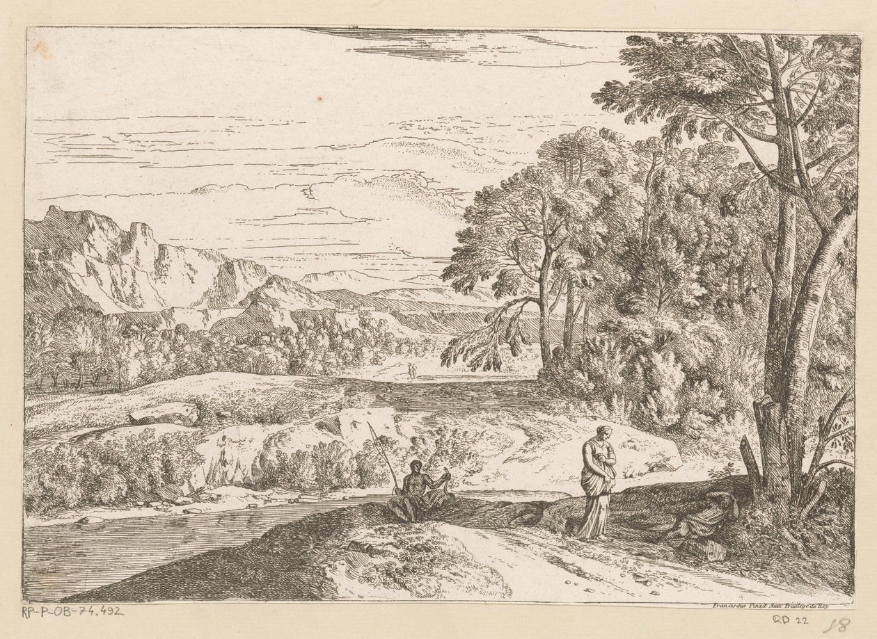 Arkadiskt landskap med en fiskare vid en bäck Suite de Paysages (serietitel) av Théodore