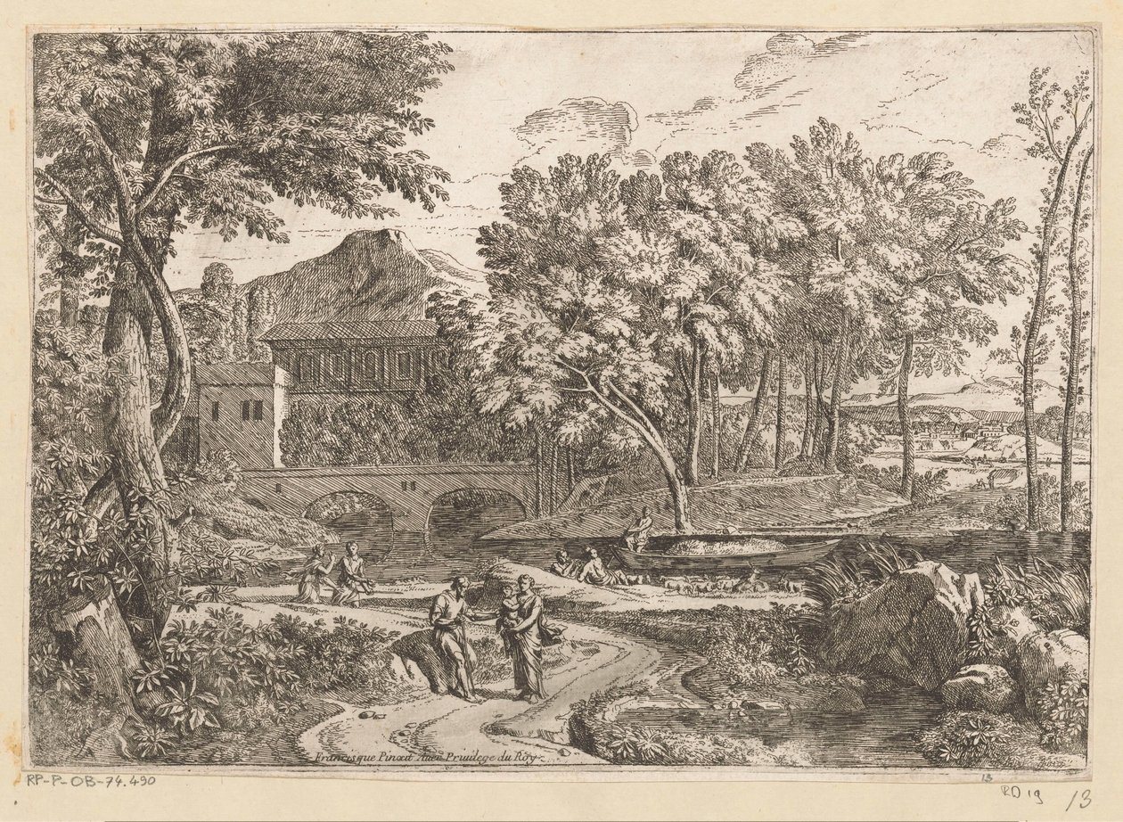 Arkadiskt landskap med en flock getter vid vattnet och en mamma med barn på en stig med andra figurer Suite de Paysages (serietitel) av Théodore