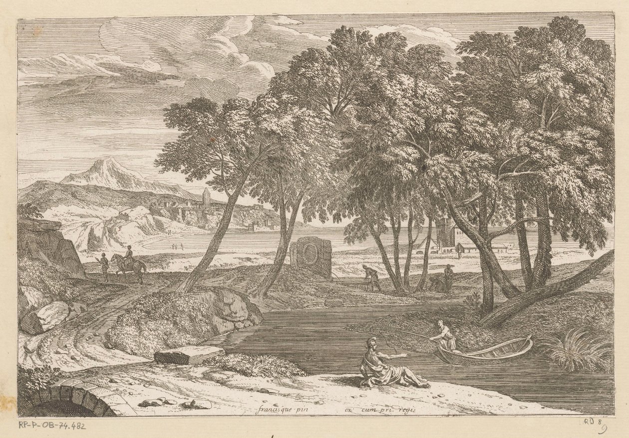 Arkadiskt landskap med en fiskare i en båt Suite de Paysages (serietitel) av Théodore