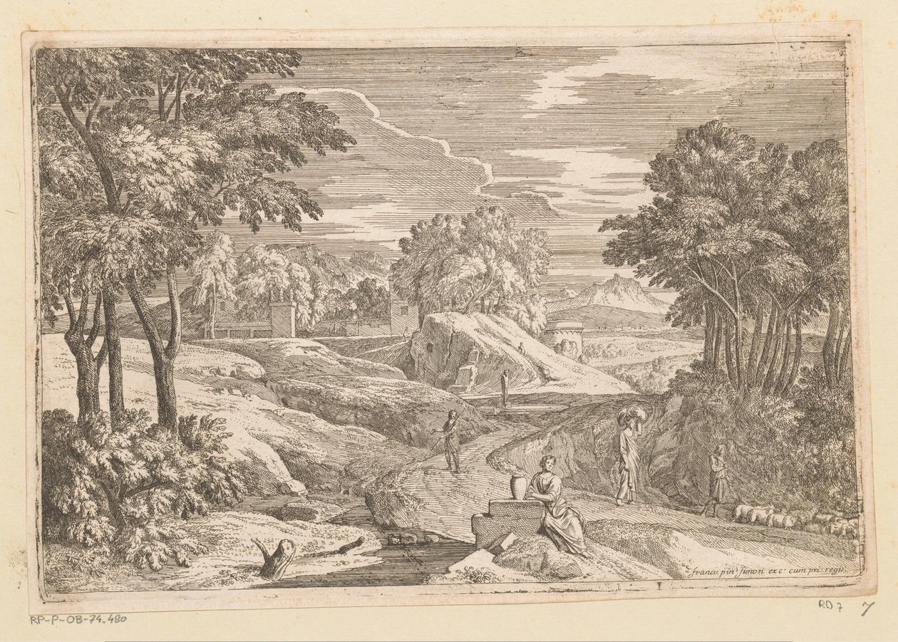 Arkadiskt landskap med en kvinna som sitter vid en vas och andra figurer Suite de Paysages (serietitel) av Théodore