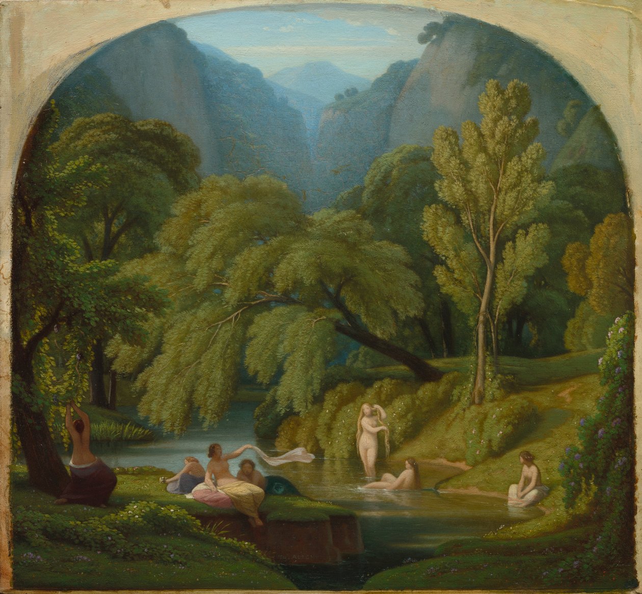 The Bathers, Souvenir från Anio-flodens stränder vid Tivoli, ca 1860-61 (olja på träpanel) av Théodore Caruelle d