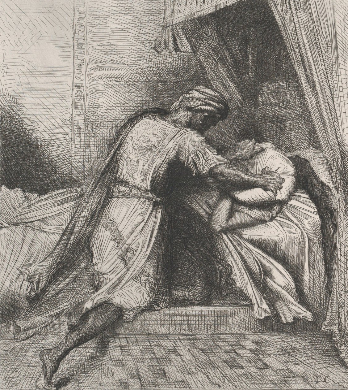 Han kväver henne: plåt 13 från Othello Akt 5, Scen 2, etsad 1844, omtryckt 1900. av Théodore Chassériau