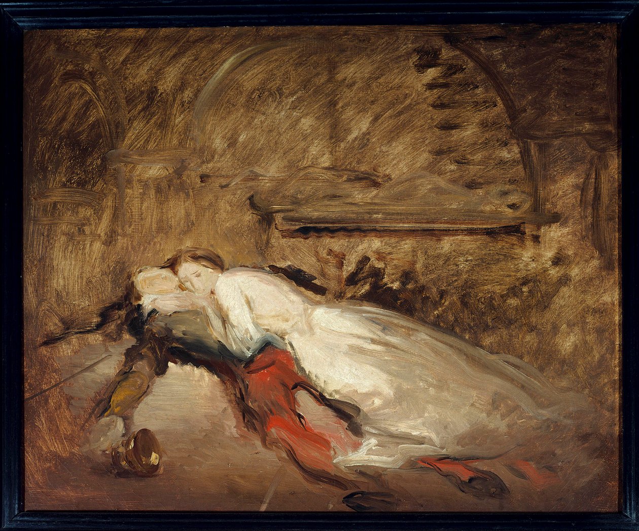 Les lovers Romeo et Juliet Illustration av verket med samma namn av William Shakespeare (1564-1616) som representerar älskarnes död i scen 3 av akt V. Esquisse de Theodore Chasseriau (1819-1856) Sön. 0,50 x 0,61 m Paris. Louvren av Théodore Chassériau