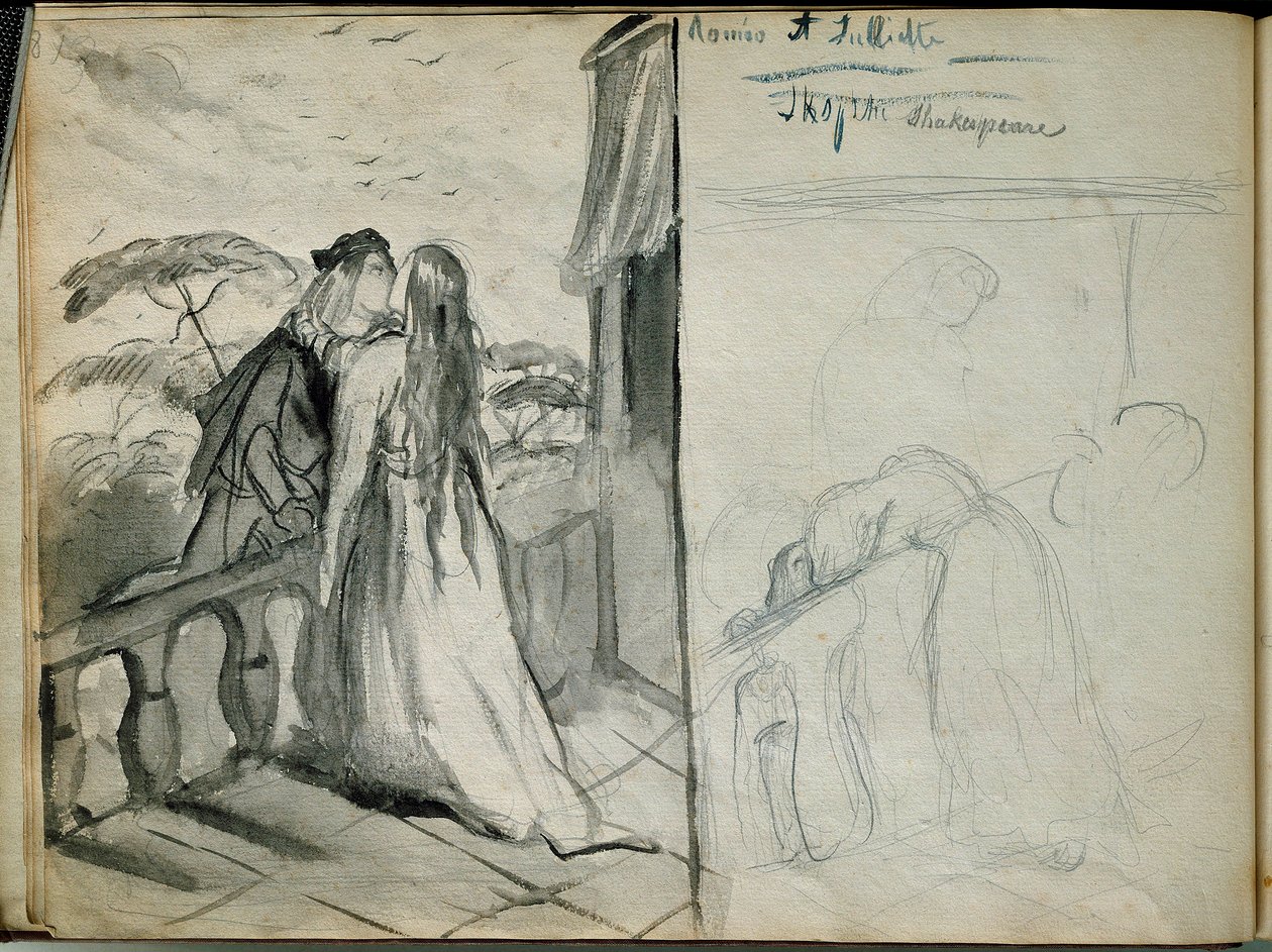 Les lovers Romeo et Juliet Illustration av verket med samma namn av William Shakespeare (1564-1616) som föreställer älskare som kysser på balkongen. Skiss av Theodore Chasseriau (1819-1856) Paris. Louvren av Théodore Chassériau